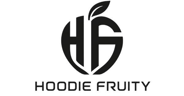 A black stylized logo featuring the letters 'HF' inside a fruit outline with a leaf, above the text 'HOODIE FRUITY', on a plain white background.